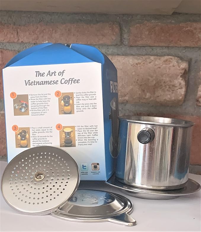 Lee's Coffee The best of Vietnamese Milk Coffee Combo Kits - Bo Ca Phe Phin Ket Hop Sua Dac Ngon Dam Dac Lee Coffee - Included Ground Buon Me Thuot Coffee with the Coffee Fillter and Sweetened Condens