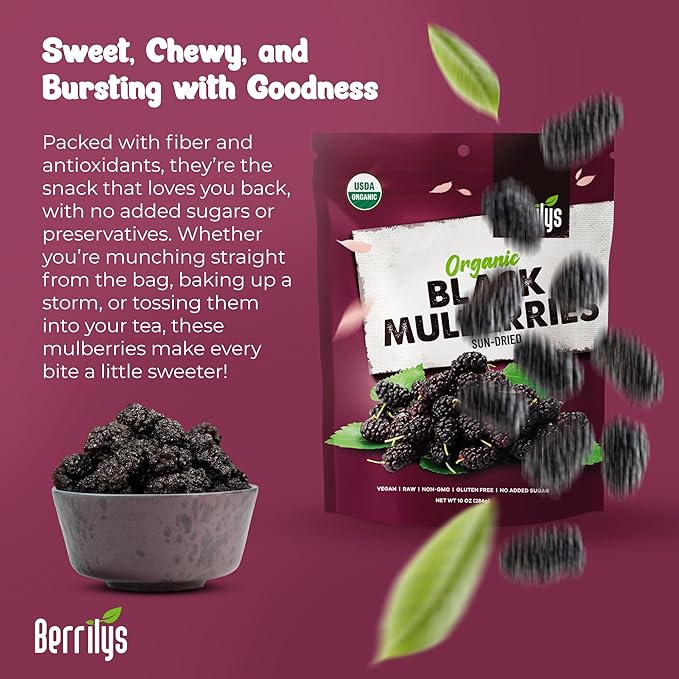 Berrilys Organic Sun-Dried Black Mulberries 4 Pack Bundle [4x10 oz] Raw Gluten Free Mulberry No Preservatives No Additives No Colorings