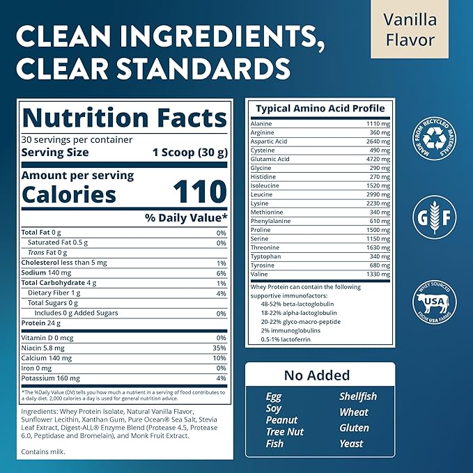 MRM Nutrition Isolate Whey Protein Powder - Vanilla Flavored 24 g Protein with Added BCAAs &amp Glutamine Digestive Enzymes Gluten-Free Hormone- and Antibiotic-Free - 29 Servings