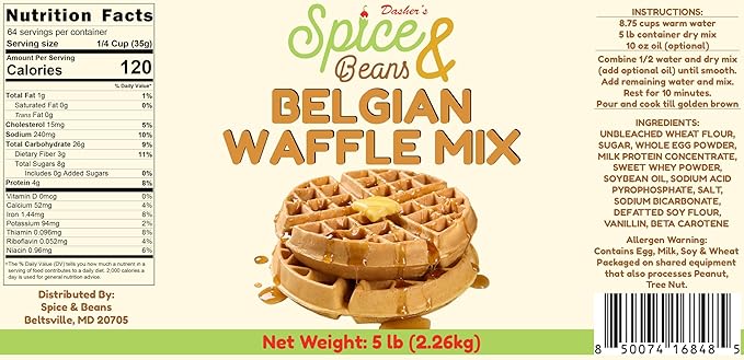 Belgian Waffle Mix By Dasher's Spice &amp Beans | Light and Fluffy | 5 lb