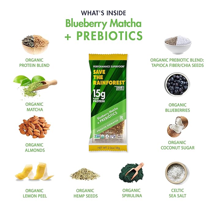 SAVE THE RAINFOREST by SHANTI BALANCE | Blueberry Matcha | 15G Plant Protein | Organic Gluten Free Superfood | Gut Health Prebiotics | Immunity Boosting | Performance Nutrition | 12 Count 2 oz Bars