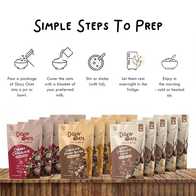 Dozy Oats Overnight Oatmeal Packets Chocol'oat Lover’s Variety Box with Rolled Oats Chia Seeds and Date Powder. Gluten-Free Natural Source of Protein and Fiber 15-Pack