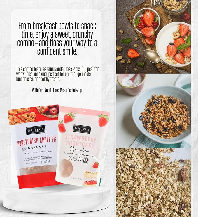 The Safe And Fair Food Company Granola HoneycrispApple 12 OZ GranolaStrawberry Shortcake 12OZ Bundle with Dental Floss – Allergen-Free Plant-Based Granola with Clean Ingredients – Gift Set (3 Items)