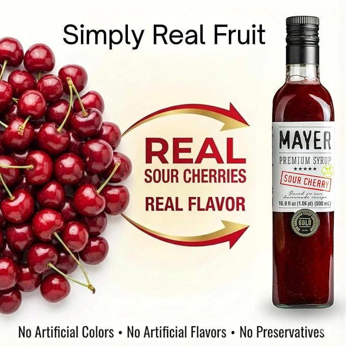 Mayer Sour Cherry Syrup – Award-Winning Cherry Syrup for drinks All-Natural Gluten-Free (16.9 oz) – Ideal Cocktail &amp Drink Mixer and Coffee Syrup No Artificial Additives. (2 Pack)