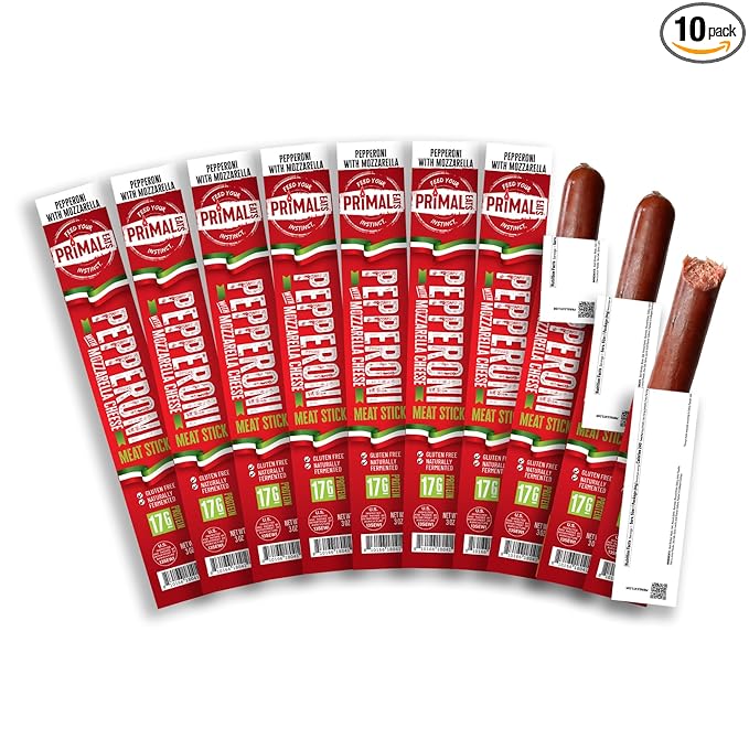 Primal Eats Pepperoni W/Mozzarella Beef Brisket Meat Sticks 3oz 10-Pack - 19g Lean Meat Protein Keto Paleo Carnivore Gluten Free low Sugar Beef Jerky Snack Stick