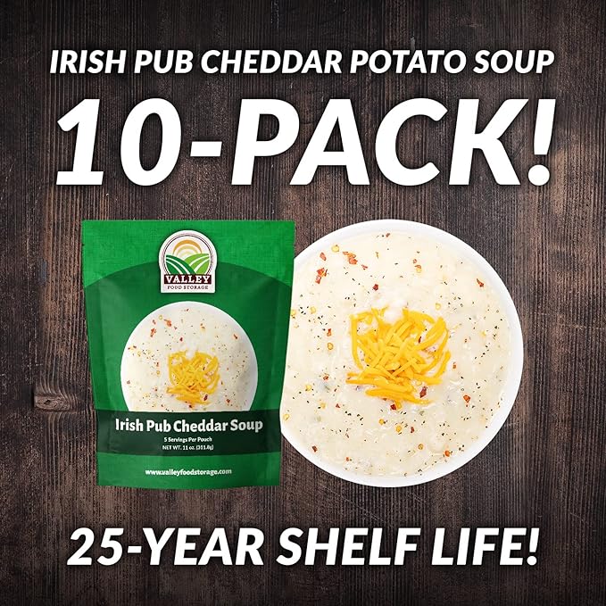 Valley Food Storage Irish Pub Cheddar Potato Soup 10-Bag Bucket 50 Servings | Premium Non-GMO Emergency Food Supply with 25 Year Shelf Life | Survival Meals Prepper Food Camping &amp Off-Grid Supp