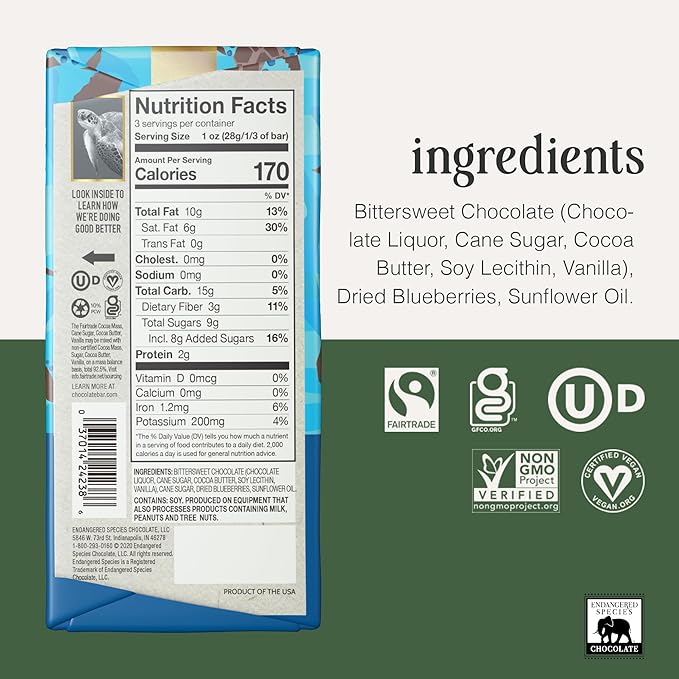 Endangered Species 72% Cocoa Blueberry Dark Chocolate Bar Non GMO 3 Ounces (Pack Of 12)