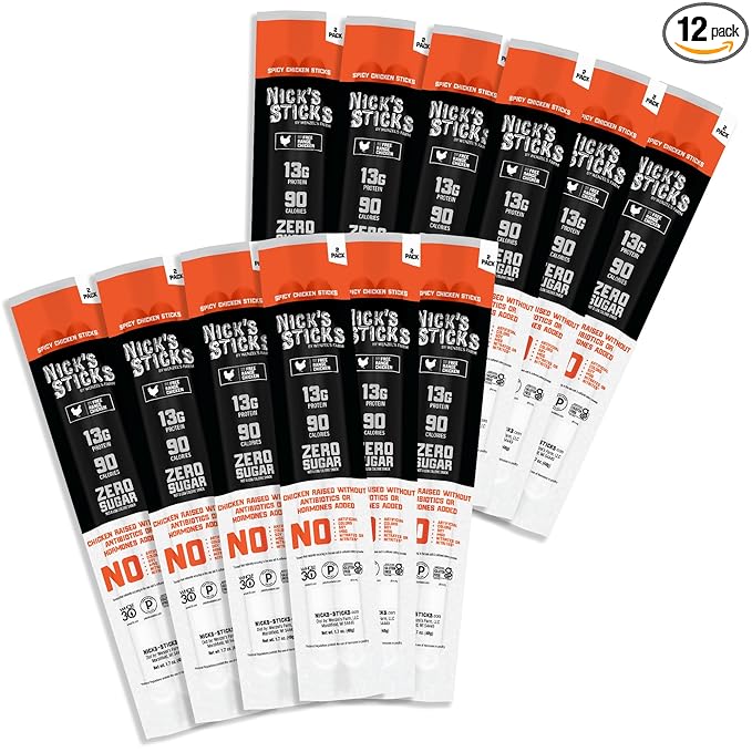 Nick's Sticks Spicy Free Range Clean &amp Balanced Chicken Snack Sticks | Made in the USA | Gluten Free | Paleo | Keto | Whole30 Approved | No Soy Antibiotics or Hormones (12 – 1.7oz. Packages of 2