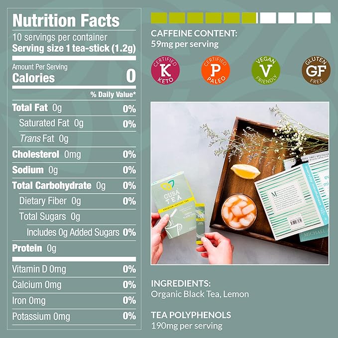 Cusa Tea &amp Coffee | Premium Instant Lemon Black Tea With Real Fruit &amp Spices | Organic Leaves Drink Mix Packets | Hot or Iced Tea (10 Single Servings)