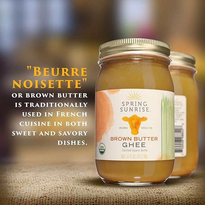Spring Sunrise Organic Brown Ghee - Grass Fed Clarified Butter - Keto &amp Paleo Friendly Lactose &amp Gluten Free Cooking Oil with High Smoke Point - 16 oz Jar