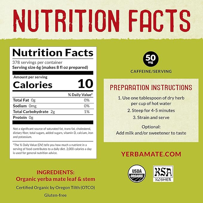 ECOTEAS Organic Yerba Mate Loose Leaf Tea – Unsmoked Detox Herbal Tea for Natural Energy – Coffee Alternative - Kosher Non-GMO Gluten-Free - Traditional Leaf-Stem Cut 5 lb