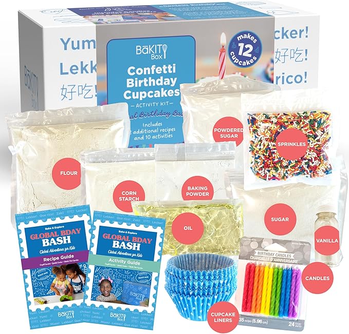 BāKIT Box Confetti Cupcakes Birthday Kit for Kids – Global Celebration Baking Kit – Cupcake Liners &amp Candles Included – STEM Birthday Activities – Ages 5–13