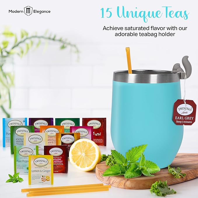Tea Gifts for Women – Sampler Gift Basket with 15 Unique Blends Honey Sticks Stainless Tumbler Cozy Socks &amp Gift-Ready Box (Cozy Socks -Teal)