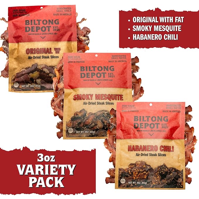 Biltong Depot Variety Pack – Smoky Mesquite Habanero Chili &amp Original with Fat | Biltong Slices | 3oz Bags (3 Pack) | Air-Dried Beef Jerky Snack | High Protein | Keto &amp Paleo Friendly | Zero