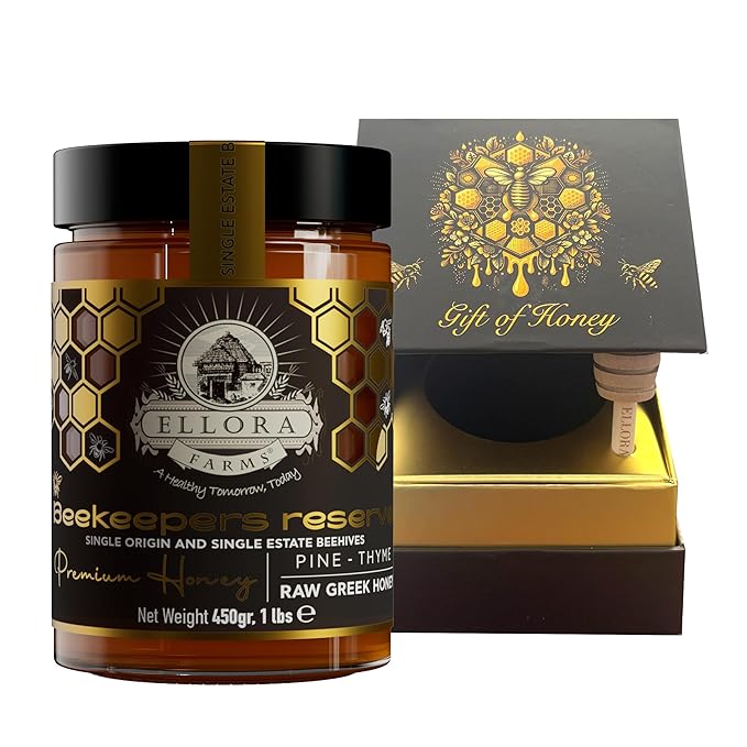 Ellora Farms Organic Greek Honey Bundle – Wild Thyme &amp Pine-Thyme Raw Unfiltered Award-Winning Preservative-Free Gift Pack with Dipper Pure Cold-Pressed – 2 x 450g