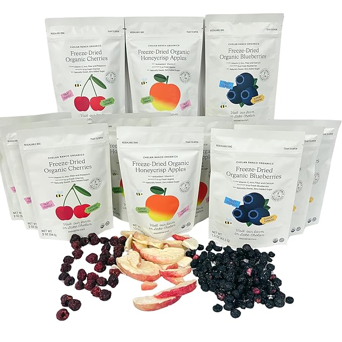 Chelan Ranch Organics Freeze-Dried Organic Fruit Variety Pack Cherries Honeycrisp Apples Blueberries Zero Added Sugar Non-GMO &amp Vegan Net Wt 18.8 Ounce (12-Pack)