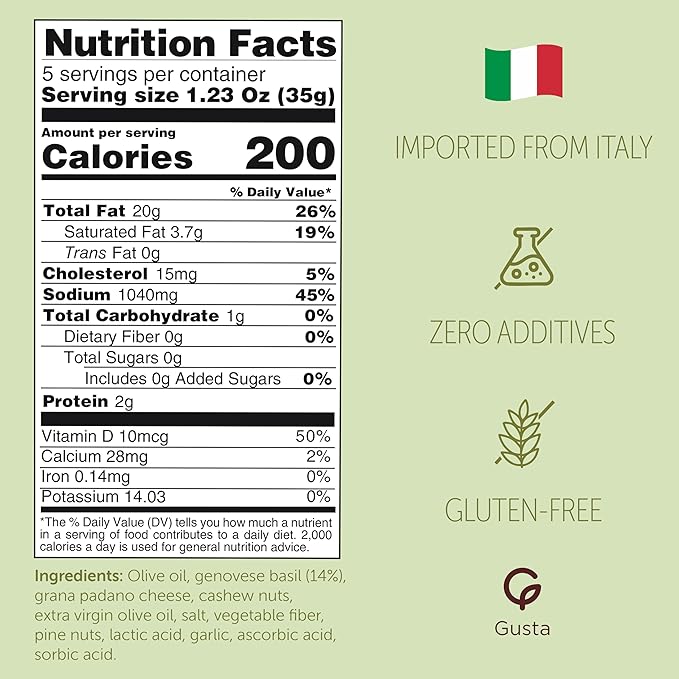 Imported Italian Fresh Basil Pesto Sauce - Extra Creamy - Extra Virgin Olive Oil Cheese &amp Nuts - Delicious &amp Authentic Pasta Sauce and Spread - Home Made Style - 6.35 oz Glass Jar