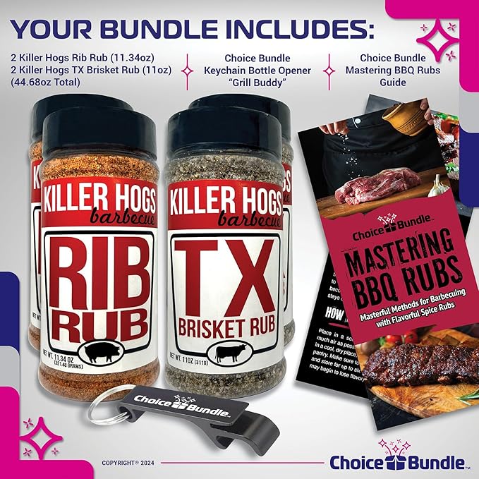 Killer Hogs Rib Rub &amp TX Texas Brisket Premium BBQ Barbecue &amp Seasoning 4 pk Variety Choice Bundle (44.68 oz) + BBQ Guide &amp Keychain Bottle Opener (6 Items)!