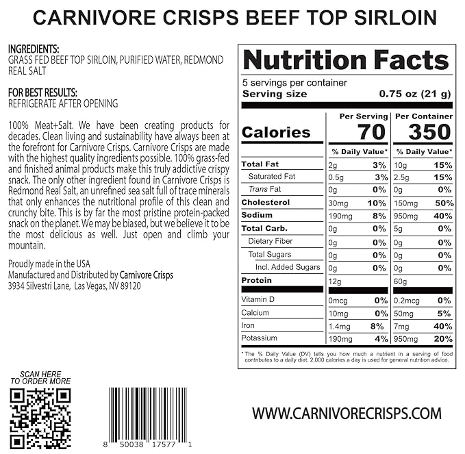 Carnivore Crisps Grass Fed and Finished Beef Top Sirloin Beef Crips High Protein Keto &amp Carnivore Diet Approved Gluten-Free No Hormones 3.75 oz (Pack of 3)