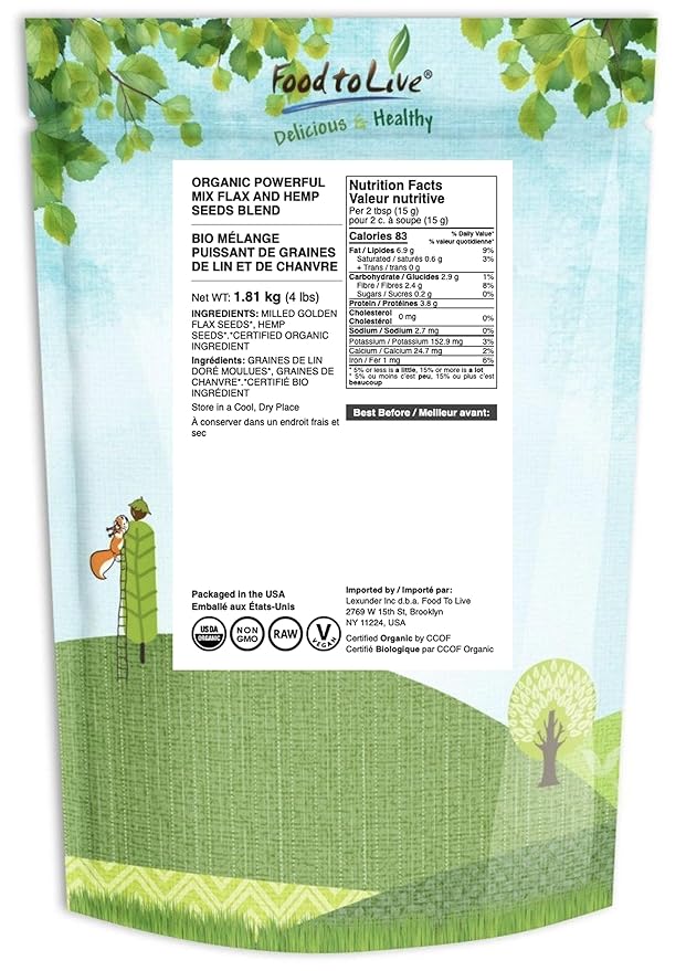 Food to Live - Organic Powerful Flax and Hemp Seeds Blend 4 Pounds — Non-GMO Mix of Raw Hemp Hearts and Cold-Milled Golden Flaxseeds Vegan Kosher