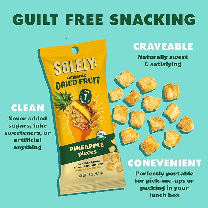 SOLELY - Organic Dried Fruit Pineapple Pieces (1 Box 12 Single Serving Bags per Box) - Real Fresh Fruit - Healthy Snacks for Adults &amp Kids - Non GMO Vegan Snacks Shelf Stable - 12 Bags (1 oz)