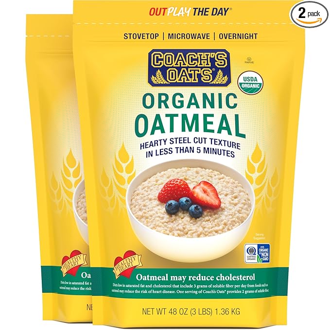 COACH'S OATS Organic Whole Grain Oatmeal (48 oz) Pack of 2 | Cracked n’ Toasted | Quick-Cooking Steel Cut Texture | Heart-Healthy Delicious Breakfast | Microwavable Stovetop Overnight Oatmeal