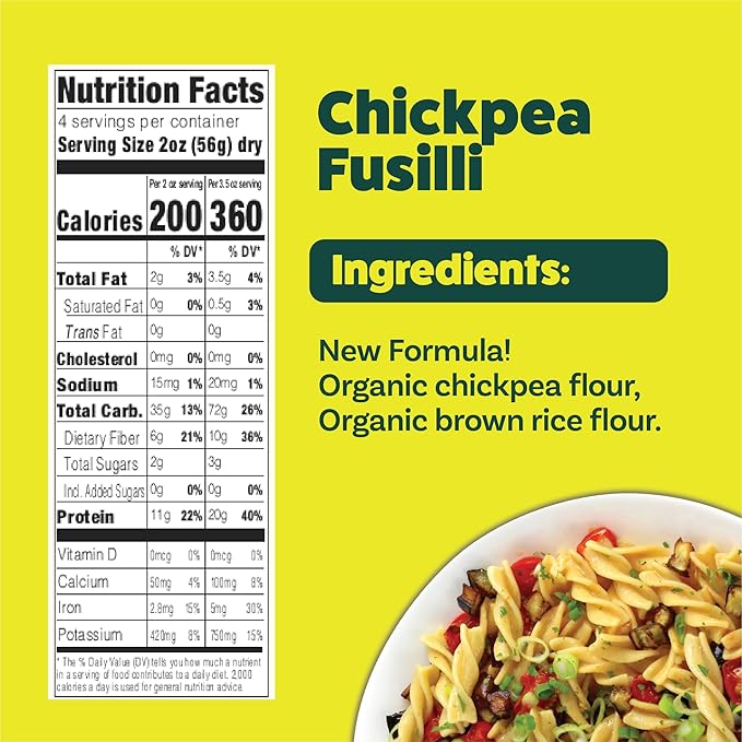Explore Cuisine Organic Chickpea Fusilli - Pack of 6 (8 oz) - Easy-to-Make Gluten Free Chickpea Pasta - High in Plant Protein &amp Fiber - Non-GMO - 24 Total Servings