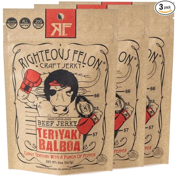 Righteous Felon Beef Jerky - Teriyaki Flavor - All-Natural Jerky - Locally Sourced &amp Dried Beef Jerky - Low-Sugar High-Protein Healthy Snacks - 2 Ounces Pack of 3