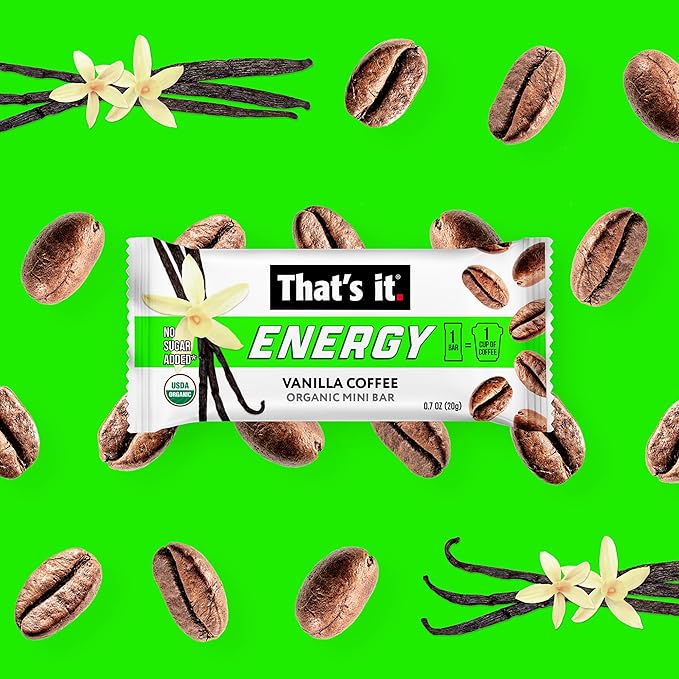 That's it. Organic Energy Coffee Mini Bars-Vanilla Coffee ( 1 Mini Bar = 1 Cup of Coffee ) Grab and GoNo Added SugarsNon-GMOCaffeine Power SnackKosherAllergy Friendly (Vanilla Coffee-15 Pack)