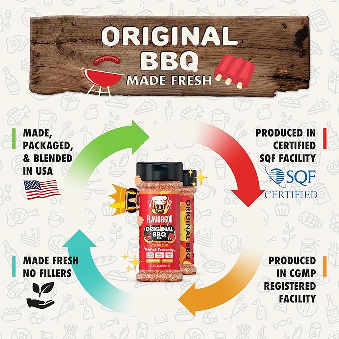 Flavor God 2 Bottles Original BBQ Rub Mix Natural Healthy Spice Blend For Grilling Chicken Wings Beef Pork Bacon Eggs Seafood Vegetables Salad Tacos Kosher Gluten &amp Dairy Free Steak