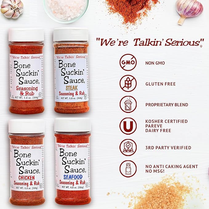 Bone Suckin' Sauce Seasoning and Rub-Variety Original Steak Seafood and Chicken Great for Grilling Smoking Non-GMO Gluten-Free Fat Free Kosher Pareve No Anti Caking &amp No Msg