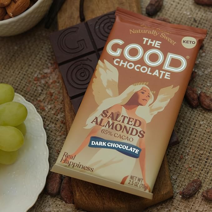 THE GOOD CHOCOLATE – Salted Almonds Dark Chocolate Bars with Zero Sugar &amp Lower Net Carbs – Keto Chocolate Bar with Lower Calories All Natural and Non-GMO Keto Snacks 2.5 oz (6 Bars Value Pack)