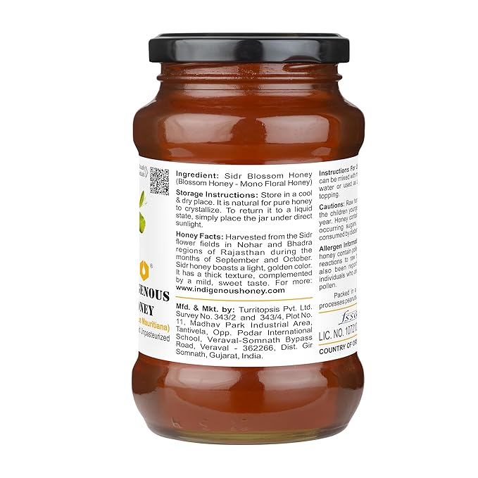 INDIGENOUS HONEY Sidr Ber Jujube Honey Raw Organic Natural Pure Unprocessed NMR Tested Unpasteurized Unheated 530g Glass Jar Pack of 1