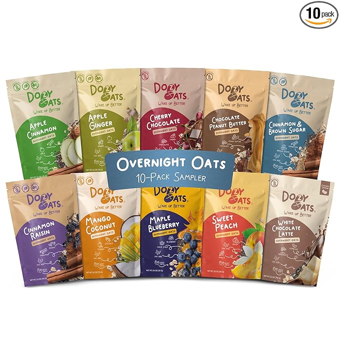 Dozy Oats Overnight Oatmeal Packets Sampler Box with Rolled Oats Chia Seeds Date Powder and Dried Fruit. Gluten-Free Natural Source of Protein and Fiber 10-Pack