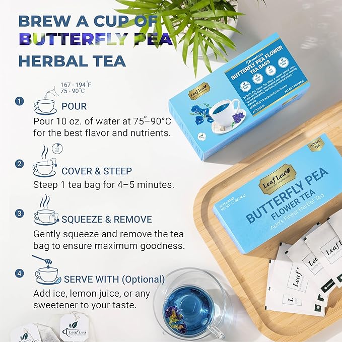 LeafLea 80 Butterfly Pea Flower Tea Bags Natural Herbal Tea for Blue and Purple Drinks Mocktails and Food Coloring Caffeine-Free Sugar-Free Non-GMO Pack of 2