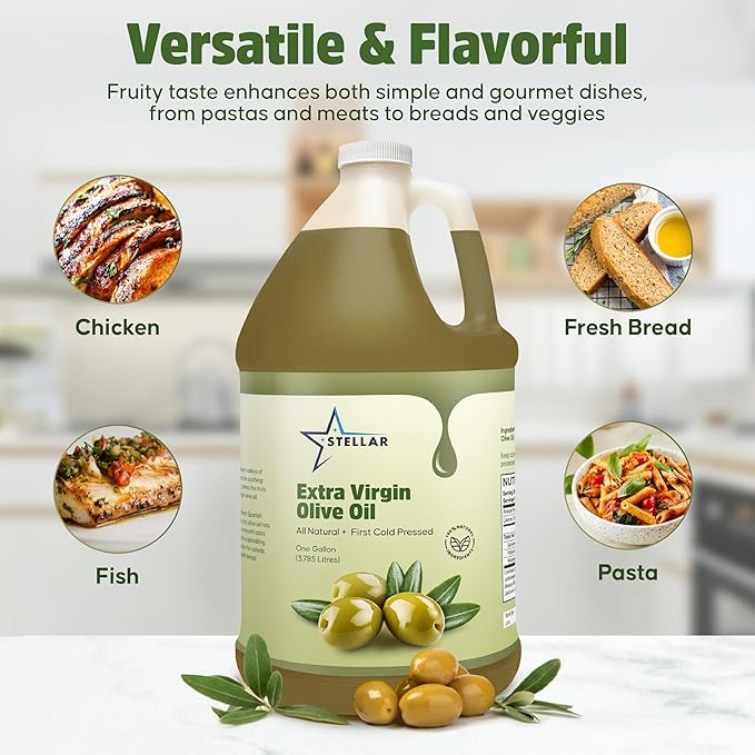 Pure Extra Virgin Olive Oil Cold Pressed - Olive Oil for Hair and Culinary Use - 100% Pure and Natural - Premium Quality Olive Oil - Stellar -1 Gallon