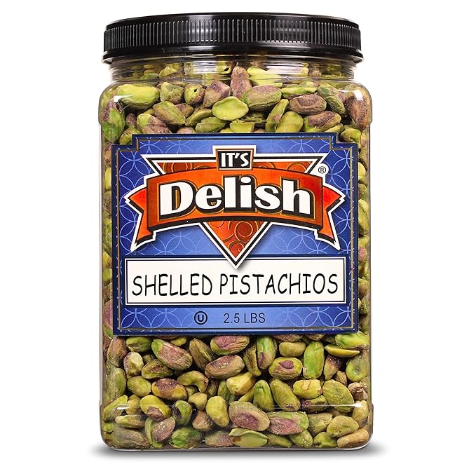 Premium California Roasted Unsalted Shelled Pistachio Kernels by Its Delish - 2.5 LBS Reusable Jumbo Container (Jar) Fresh &amp Crunchy Dry Roasted Pistachio Nuts No Shell No Salt Kosher Snack &amp