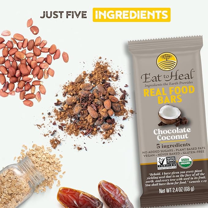 EatToHeal Chocolate Coconut Real Food Bar - Organic Vegan Healthy Gluten Free Protein Bars - Low Sugar Meal Replacement Bar Non GMO Never Baked Plant Based - Crafted to Enjoy Not Sit on Shelves