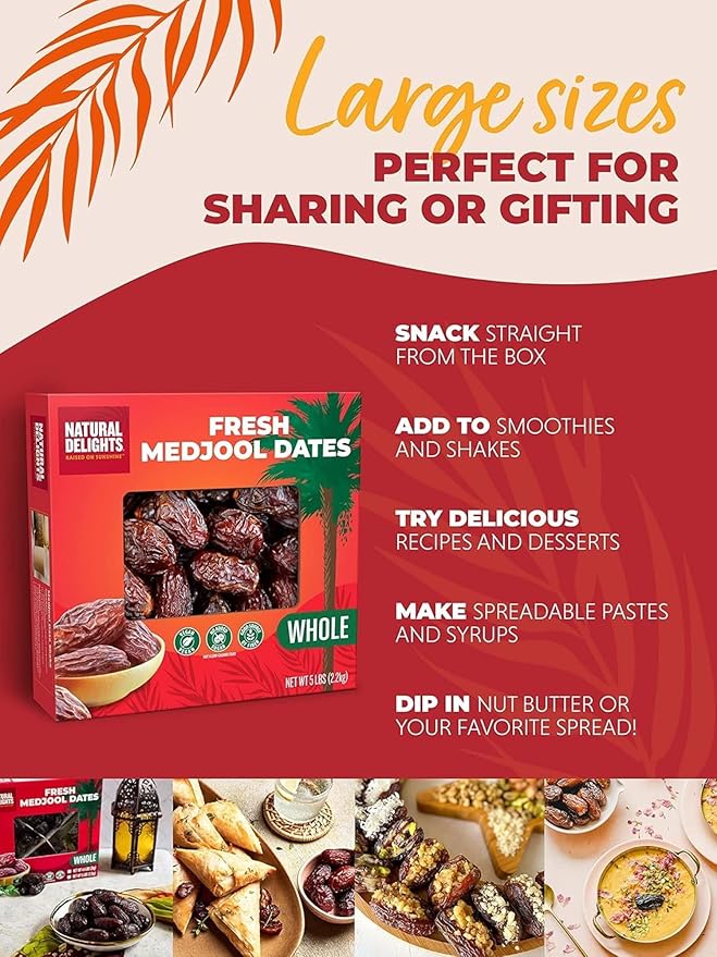Natural Delights Medjool Dates – Large &amp Plump Whole Dates Medjool Non-GMO Verified Good Source of Fiber Naturally Sweet Fruit Snack Perfect for On-the-Go - Medjool Dates Whole 5 lb Box