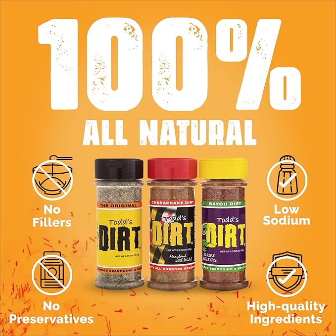 Todd’s DIRT - All Purpose Seasoning &amp BBQ Rub 3 Pack Sampler Set Gourmet Seasonings and Rub that’s GREAT ON EVERYTHING 100% All Natural with No MSG &amp Gluten-Free