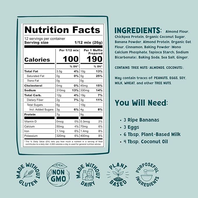 Honest Almond Protein Banana Muffin Mix | Almond Flour Baking Mix | Gluten-Free Dairy-Free Plant-Based Healthy All-Natural Low Sugar | 11 Oz (12 Servings Per Package) (Pack of 3)