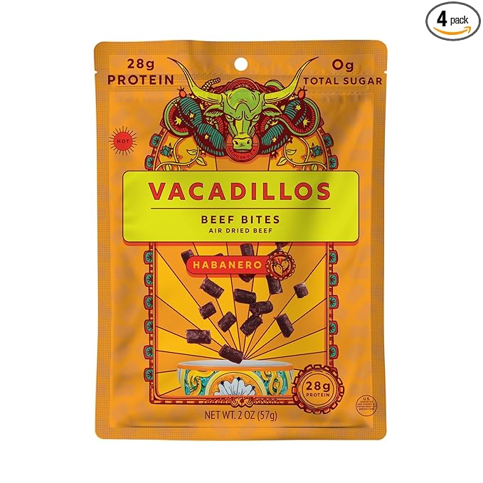 Vacadillos - High Protein Carne Bites | 28g Protein Sugar Free Carbs Free Gluten Free Dairy Free Keto &amp Paleo Friendly | Mexican Inspired Beef Jerky Snack | Habanero Pack Of 4