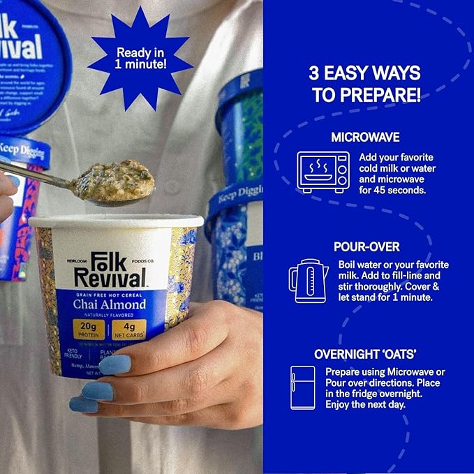 Folk Revival Keto Instant 'Oatmeal' Variety Pack - 20g of Protein Low Carb High Fiber 3 Blueberry 3 Maple Walnut 3 Chai Almond 3 Original - 12 Cups Per Case