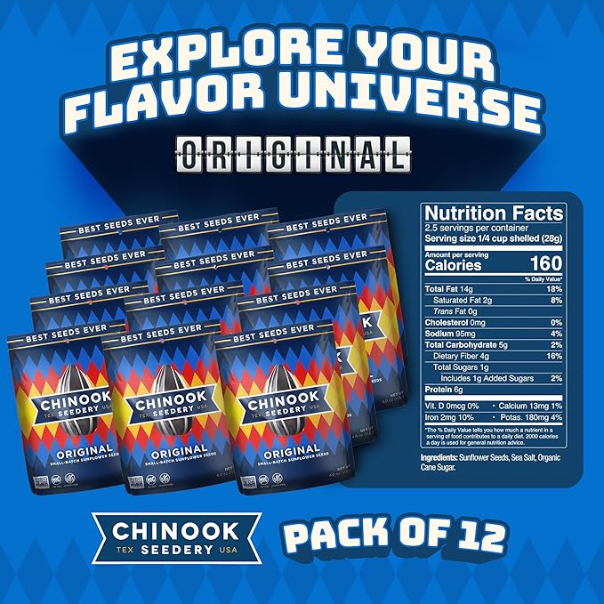 Chinook Seedery Sunflower Seeds to Eat — Jumbo Flavored Roasted Low Sodium Snacks — Keto Friendly Gluten-Free Non-GMO — Original Flavor 4 oz (12-Pack)