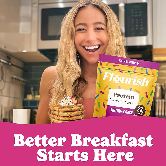 Flourish Protein Pancake &amp Waffle Mix with Whey Protein &amp Flax Seed No Added Sugar High in Protein &amp Fiber - Just Add Water - Birthday Cake Flavour 430g (3 Pack) - Made in Canada