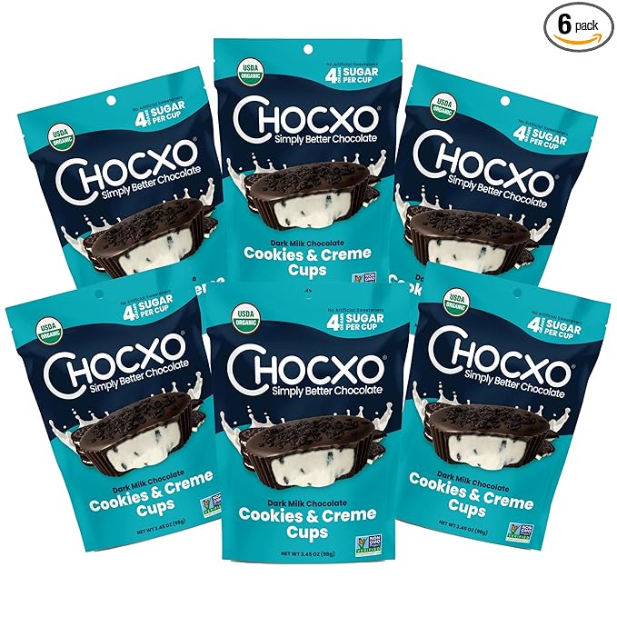 Chocxo Dark Milk Chocolate Cookies &amp Crème Cups - Lower Sugar 69% Organic Cacao NonGMO Keto Gluten Free Kosher No Artificial Sweeteners/Sugar Alcohols 3.45 oz (Pack of 6)