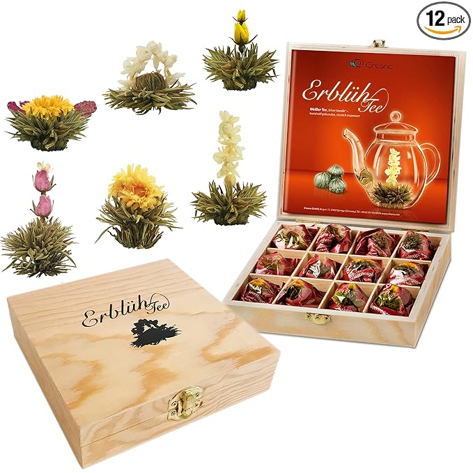Creano Blooming Tea - Flowering Ball Gift Set in Stylish Wooden Box - 12 Pieces White Tea