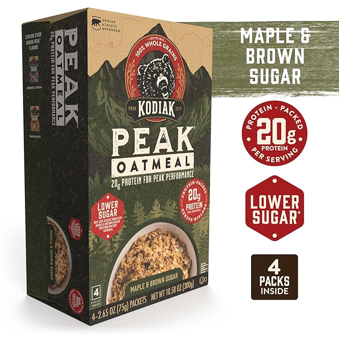 Kodiak Cakes Peak Instant Oatmeal Packets Maple Brown Sugar High Protein100% Whole Grains 6 box with 4 packets each (Total of 24 packets)