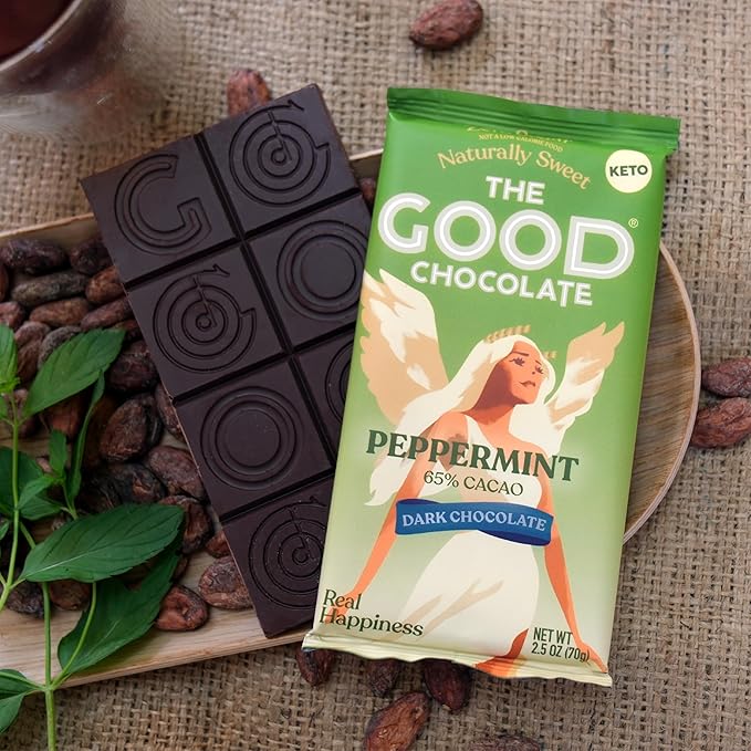 THE GOOD CHOCOLATE – Peppermint Dark Chocolate Bars with Zero Sugar &amp Lower Net Carbs – Keto Chocolate Bar with Lower Calories All Natural and Non-GMO Keto Snacks 2.5 oz (6 Bars Value Pack)