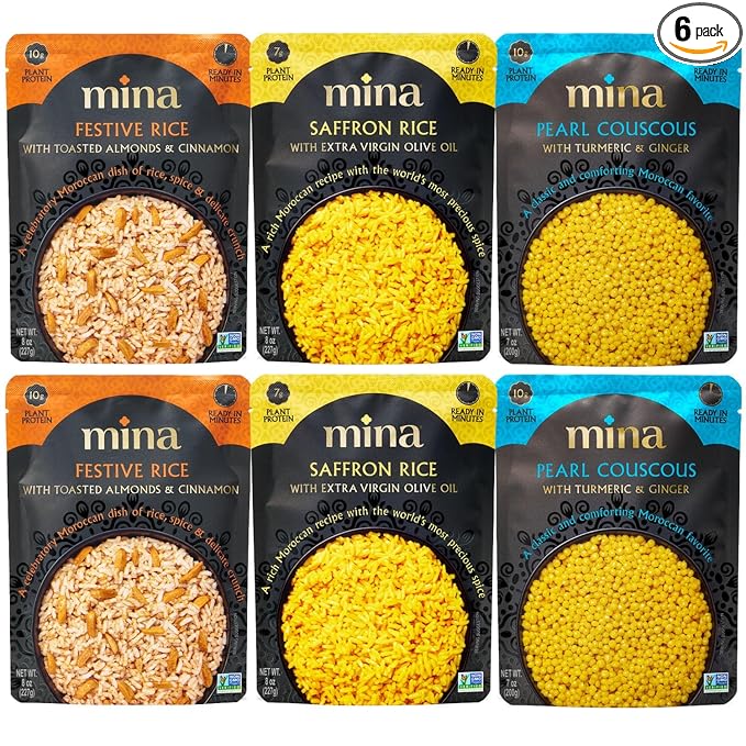 Mina Saffron Rice Festive Rice Pearl Couscous Variety Pack of 6 Ready to Eat Microwavable Couscous Pearls Side Dishes Vegan Protein Non-GMO Kosher